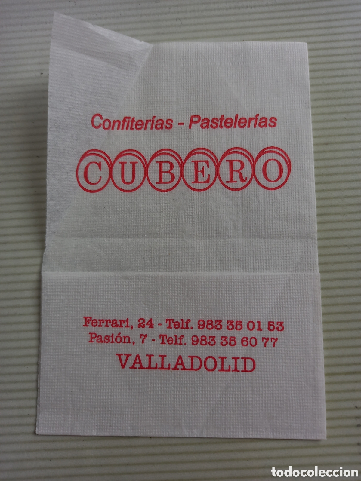 Otros art&iacute;culos de coleccionismo en papel: SERVILLETA DE PAPEL - CONFITER&Iacute;AS PASTELER&Iacute;AS CUBERO (VALLADOLID)