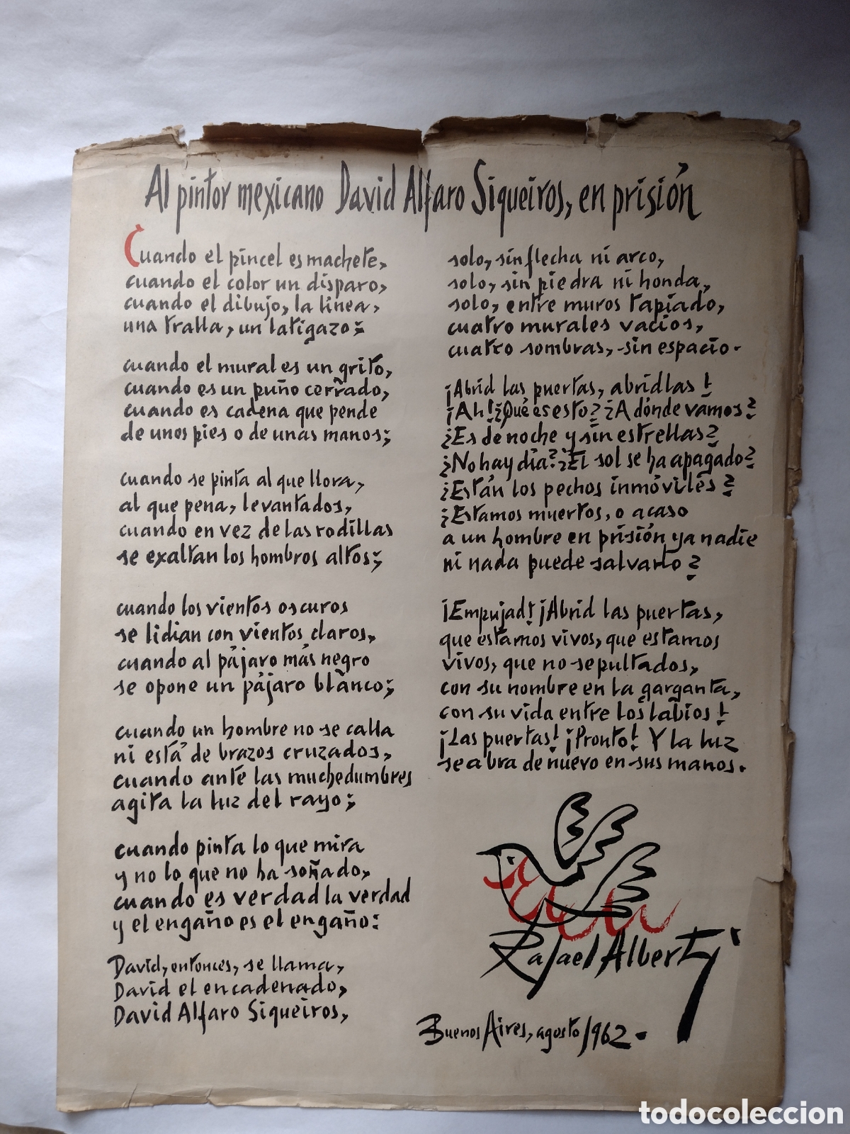 Otros Art&iacute;culos de Coleccionismo en Papel: Al Pintor Mexicano David Alfaro Siqueiros, en Prisi&oacute;n Rafael Alberti Buenos Aires &ndash; Argentina 1962