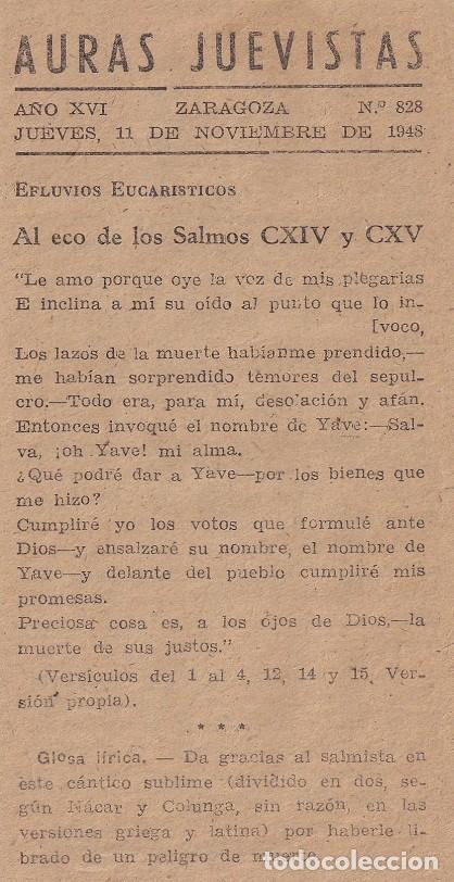 Otros Art&iacute;culos de Coleccionismo en Papel: Auras Juevistas - Efluvios eucar&iacute;sticos / 1948 Zaragoza N&ordm; 828 - J. San Nicol&aacute;s Francia
