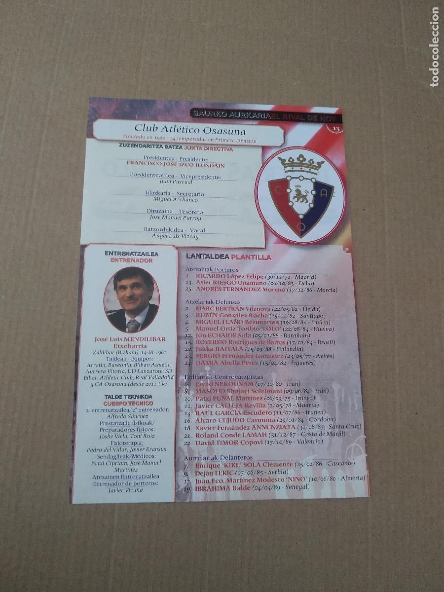Otros art&iacute;culos de coleccionismo en papel: HOJA REVISTA ATHLETIC CLUB BILBAO RIVAL DE HOY OSASUNA PUBLICIDAD SEAT