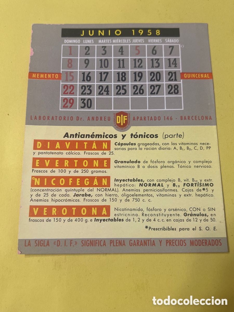 Collectionnisme Papier divers: HF16. LABORATORIO DR. ANDREU - CALENDARIO 1958 - MEDICAMENTO - PUBLICIDAD MEDICINA