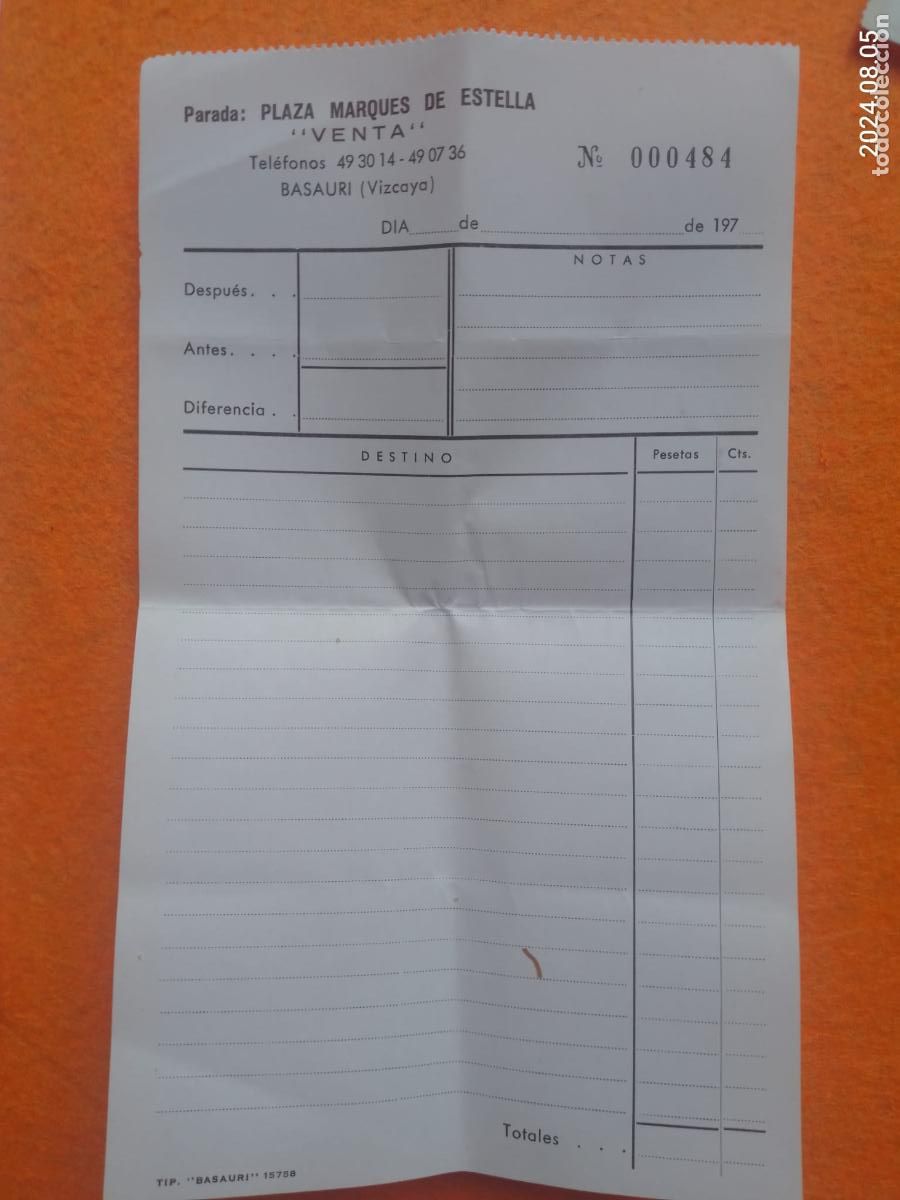 Otros Art&iacute;culos de Coleccionismo en Papel: TAXI . BASAURI BIZKAIA. A&Ntilde;OS 70&acute;S . HOJA FACTURA . PARADA MARQUES DE ESTELLA . VENTA