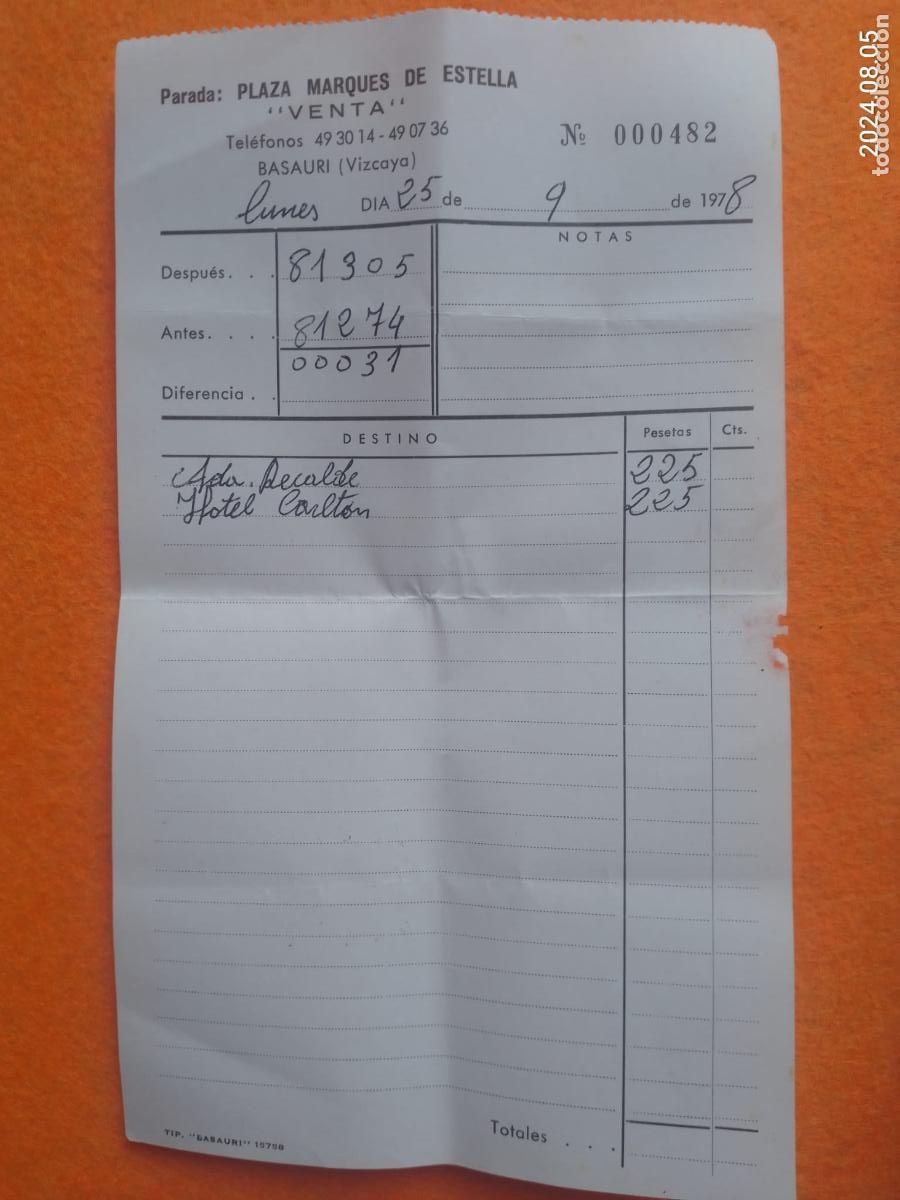 Otros Art&iacute;culos de Coleccionismo en Papel: TAXI . BASAURI BIZKAIA. A&Ntilde;OS 70&acute;S . HOJA FACTURA . PARADA MARQUES DE ESTELLA . VENTA . ESCRITA