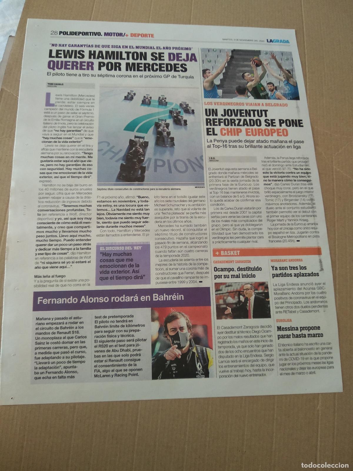 Otros Art&iacute;culos de Coleccionismo en Papel: HOJA DIARIO LA GRADA ABONAMENTS 20-21 ESPANYOL HAMILTON FORMULA 1 ALONSO JOVENTUT BALONCESTO BASKET