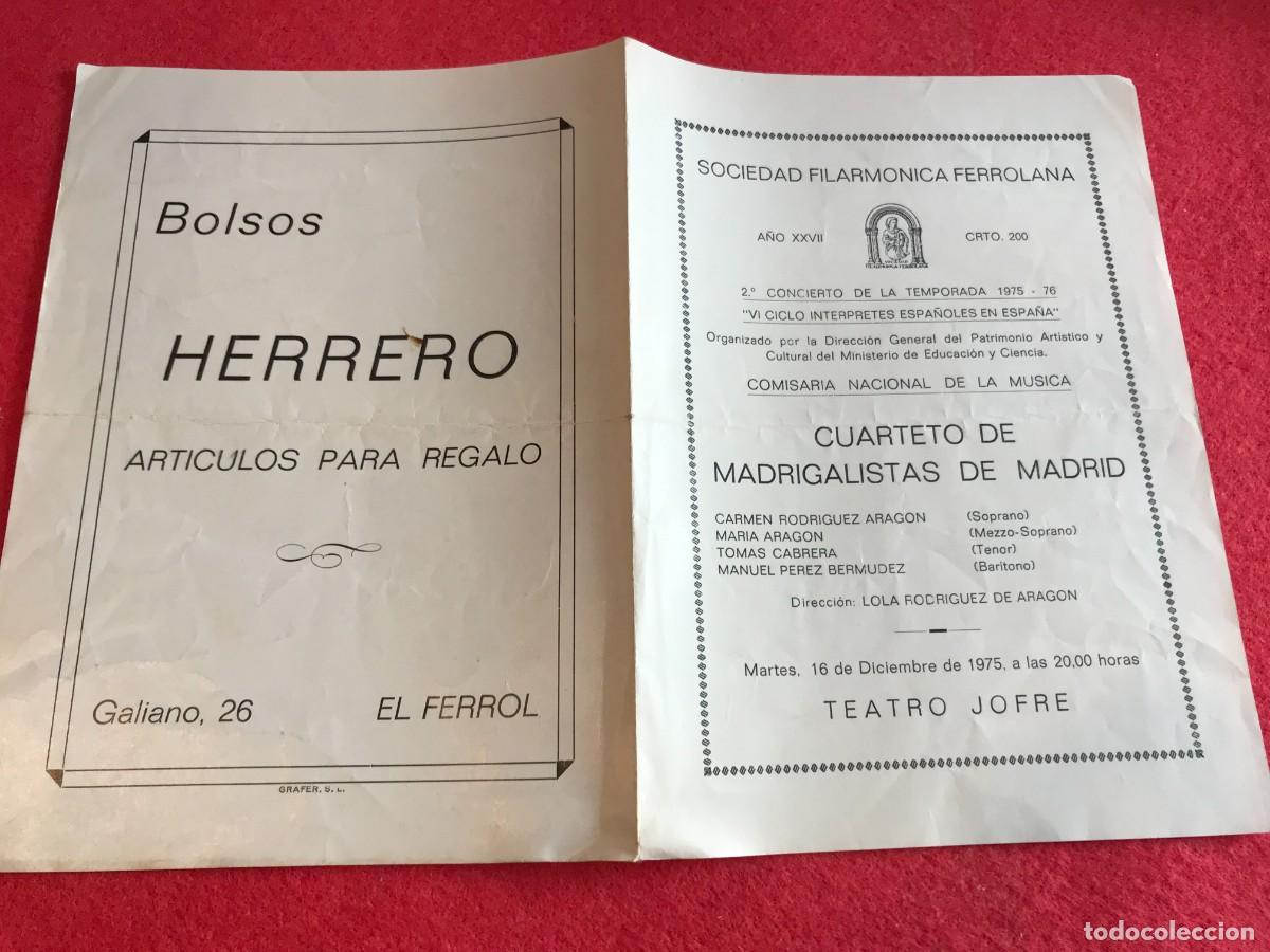 Collectionnisme Papier divers: SOCIEDAD FILARM&Oacute;NICA FERROLANA.CUARTETO MADRIGALISTAS DE MADRID. 1975. FERROL.