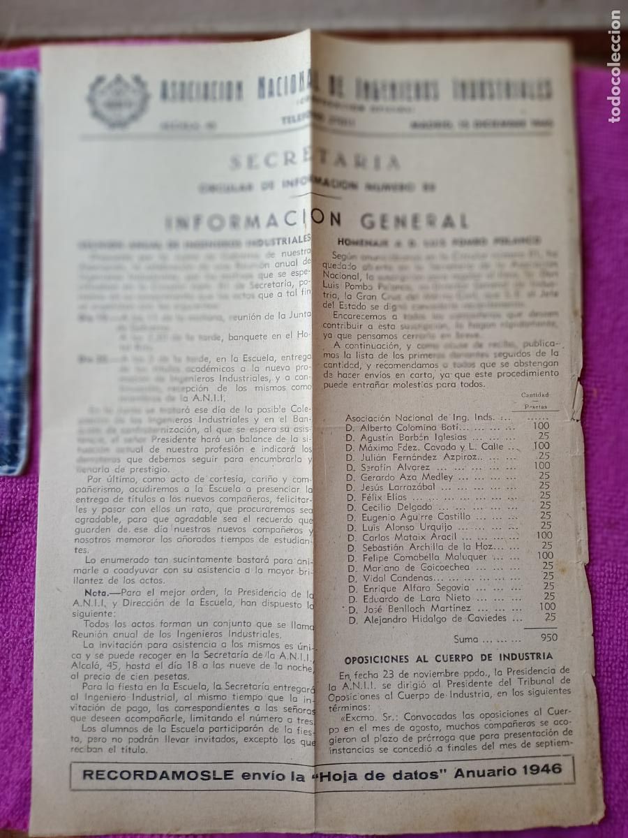 Otros Art&iacute;culos de Coleccionismo en Papel: Asociaci&oacute;n Nacional de Ingenieros Industriales 1945. Circular