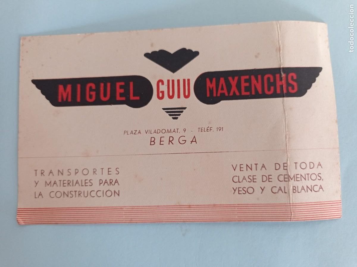 Collectionnisme Papier divers: tarjeta Miguel Guiu Maxenchs Berga transportes construcci&oacute;n venta cemento