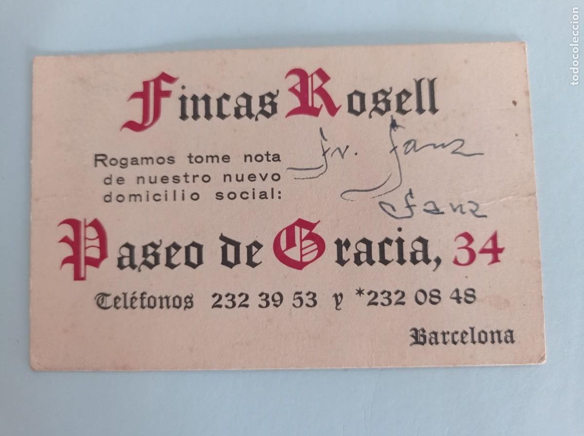 Otros art&iacute;culos de coleccionismo en papel: tarjeta Fincas Rosell Paseo de Gracia Barcelona