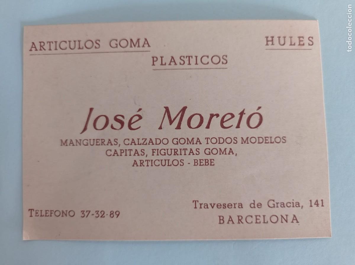 Otros art&iacute;culos de coleccionismo en papel: tarjeta Jos&eacute; Moret&oacute; articulos goma pl&aacute;sticos hules Barcelona