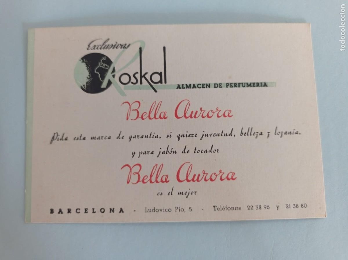 Otros art&iacute;culos de coleccionismo en papel: tarjeta Exclusivas Roskal almac&eacute;n de perfumer&iacute;a Bella Aurora Barcelona
