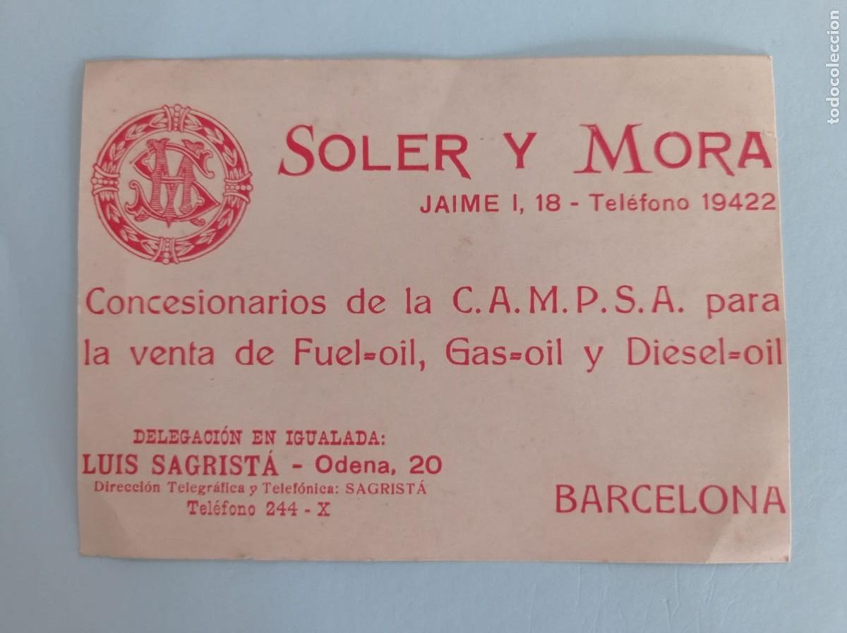 Otros art&iacute;culos de coleccionismo en papel: tarjeta Soler y Mora Barcelona concesionarios CAMPSA
