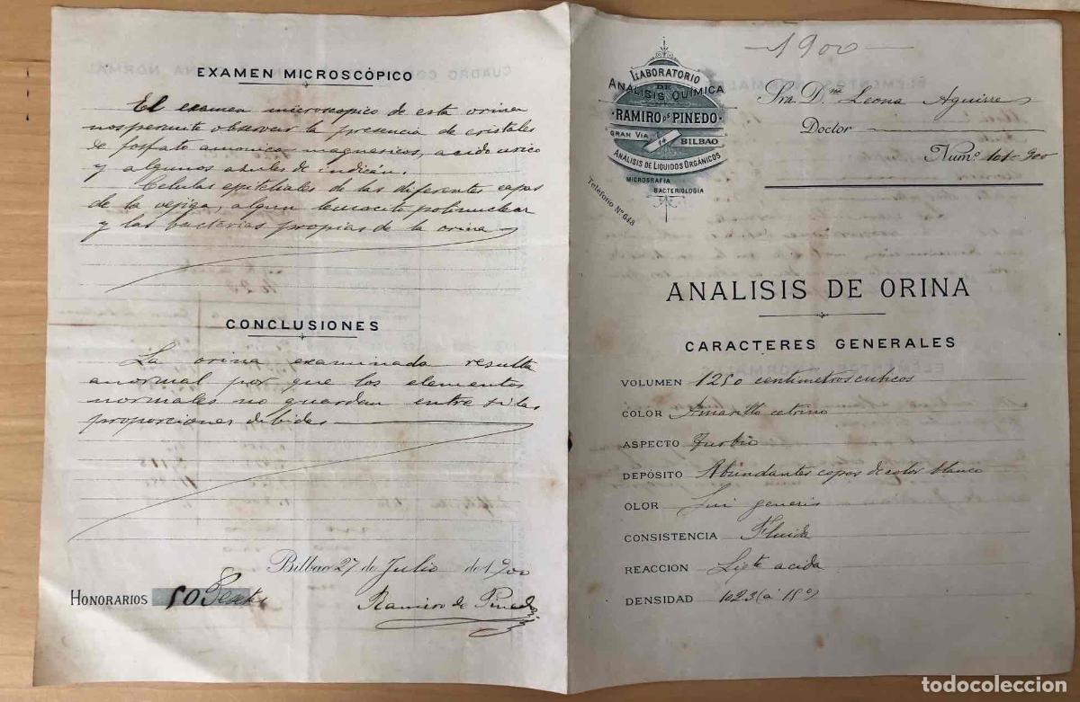 Paper Collecting Others: ANALISIS DE ORINA LABORATORIO RAMIRO DE PINEDO. BILBAO, A&Ntilde;O 1900. CURIOSIDAD