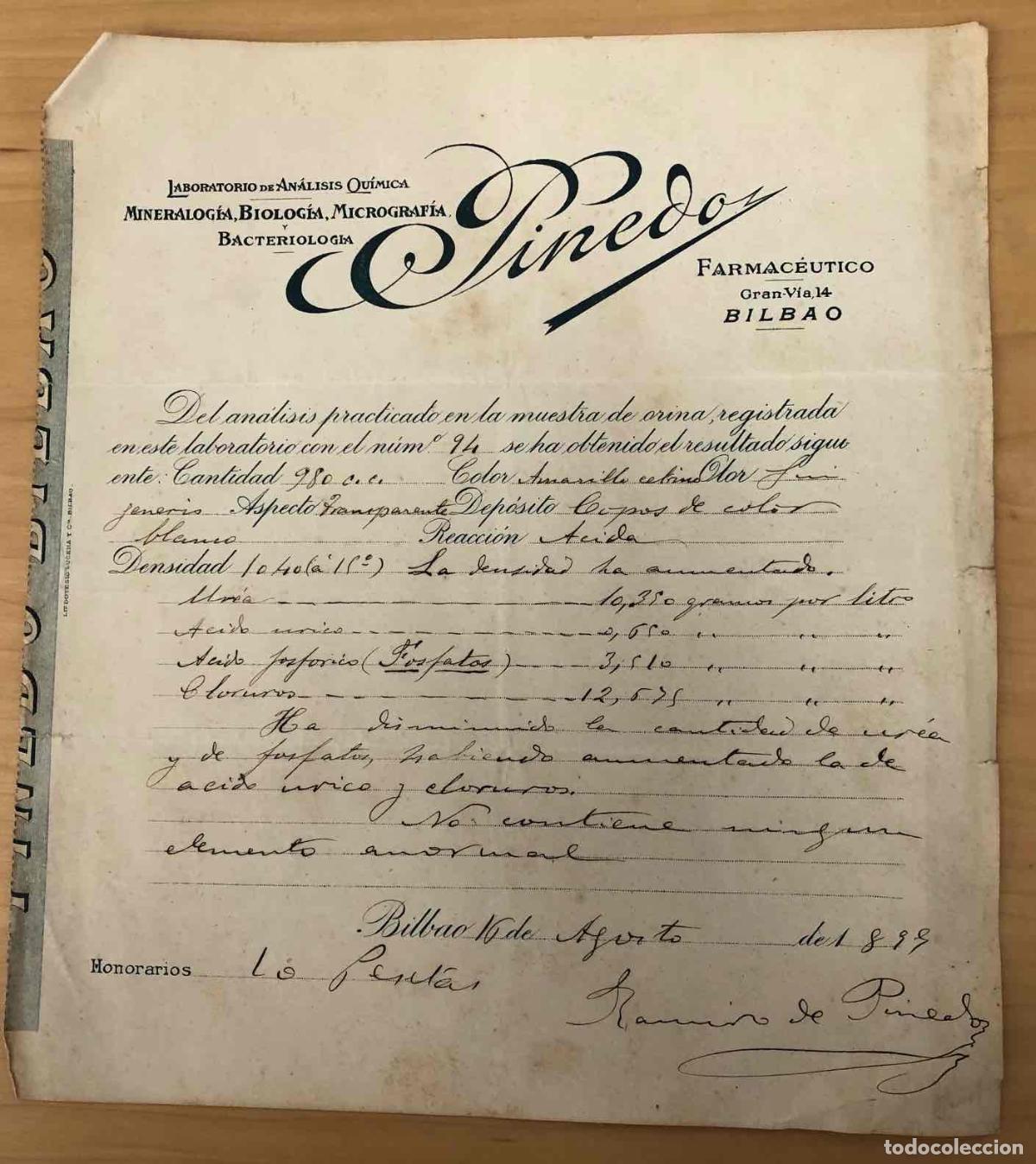 Paper Collecting Others: ANALISIS DE ORINA LABORATORIO RAMIRO DE PINEDO. BILBAO, A&Ntilde;O 1899. CURIOSIDAD