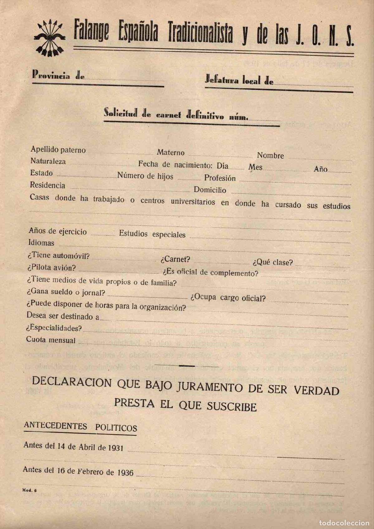 Paper Collecting Others: IMPRESO JURAMENTO FIDELIDAD A FALANGE ESPA&Ntilde;OLA TRADICIONALISTA Y DE LAS JONS. C. 1940