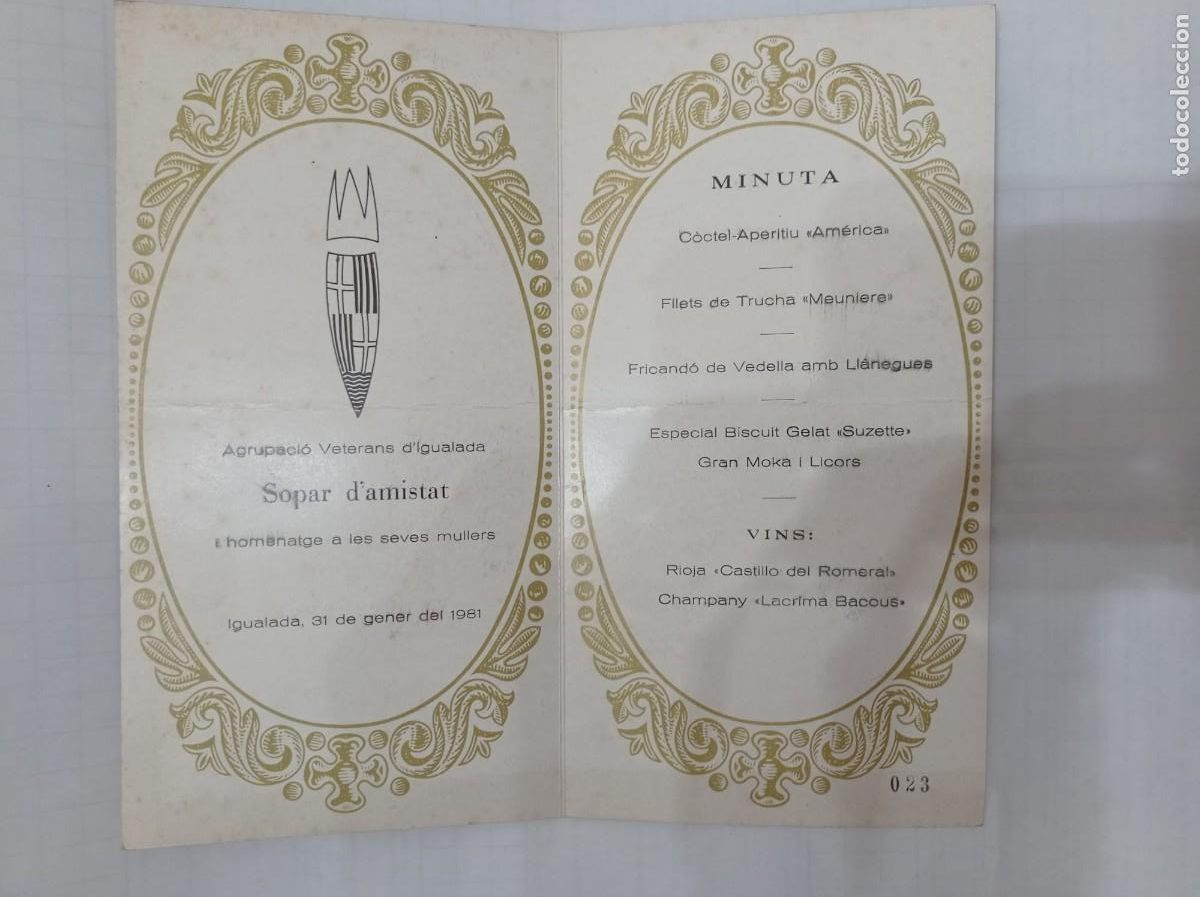 Otros art&iacute;culos de coleccionismo en papel: men&uacute; hotel Am&eacute;rica agrupaci&oacute; Veterans d'Igualada sopar d'amistat 1981