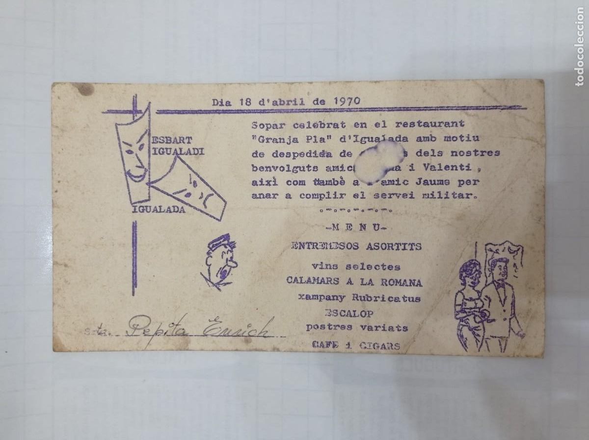 Otros art&iacute;culos de coleccionismo en papel: men&uacute; esbart Igualada 1970 sopar celebrat restaurant Granja Pla