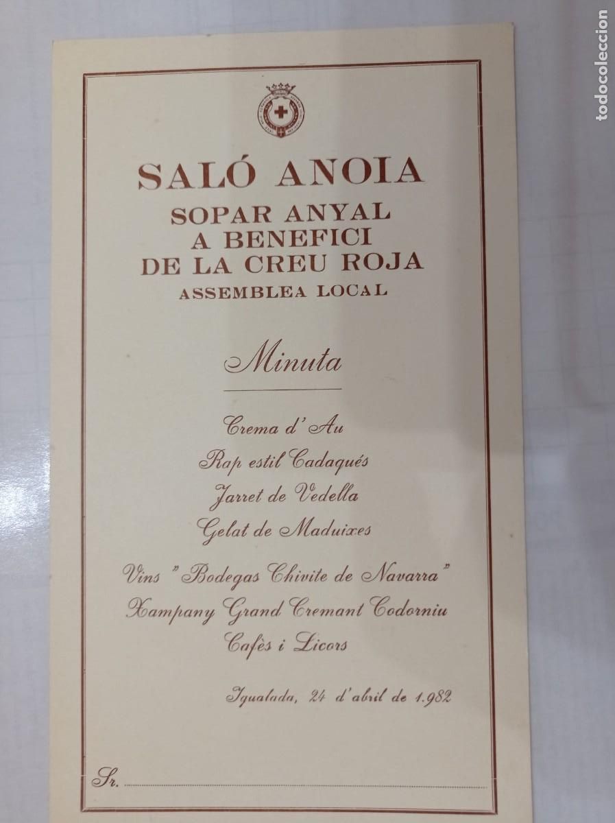 Otros art&iacute;culos de coleccionismo en papel: men&uacute; sal&oacute; Anoia sopar a benefici de la Creu Roja Igualada 1982