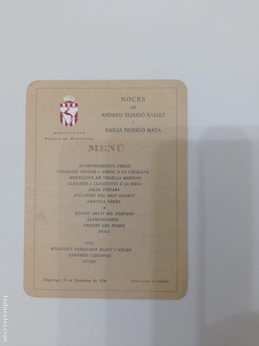 Otros art&iacute;culos de coleccionismo en papel: men&uacute; noces restaurant parque de Barcelona 1930