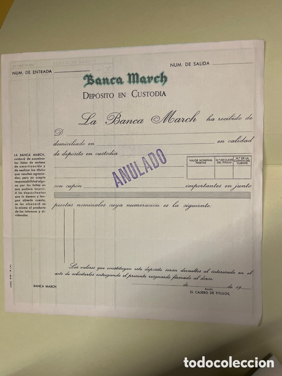 Sammelleidenschaft Andere Papierartikel: T1/D5/49. DOCUMENTO BANCA MARCH - DEP&Oacute;SITO EN CUSTODIA