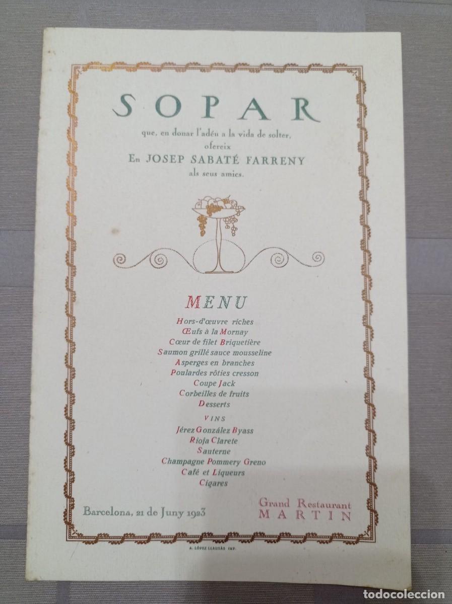 Otros art&iacute;culos de coleccionismo en papel: sopar despedida de soltero a Josep Sabat&eacute; Farreny men&uacute; restaurant mart&iacute;n 1923