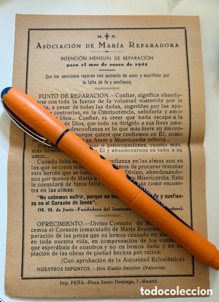 Otros art&iacute;culos de coleccionismo en papel: Hoja/ folleto Maria Reparadora 1942