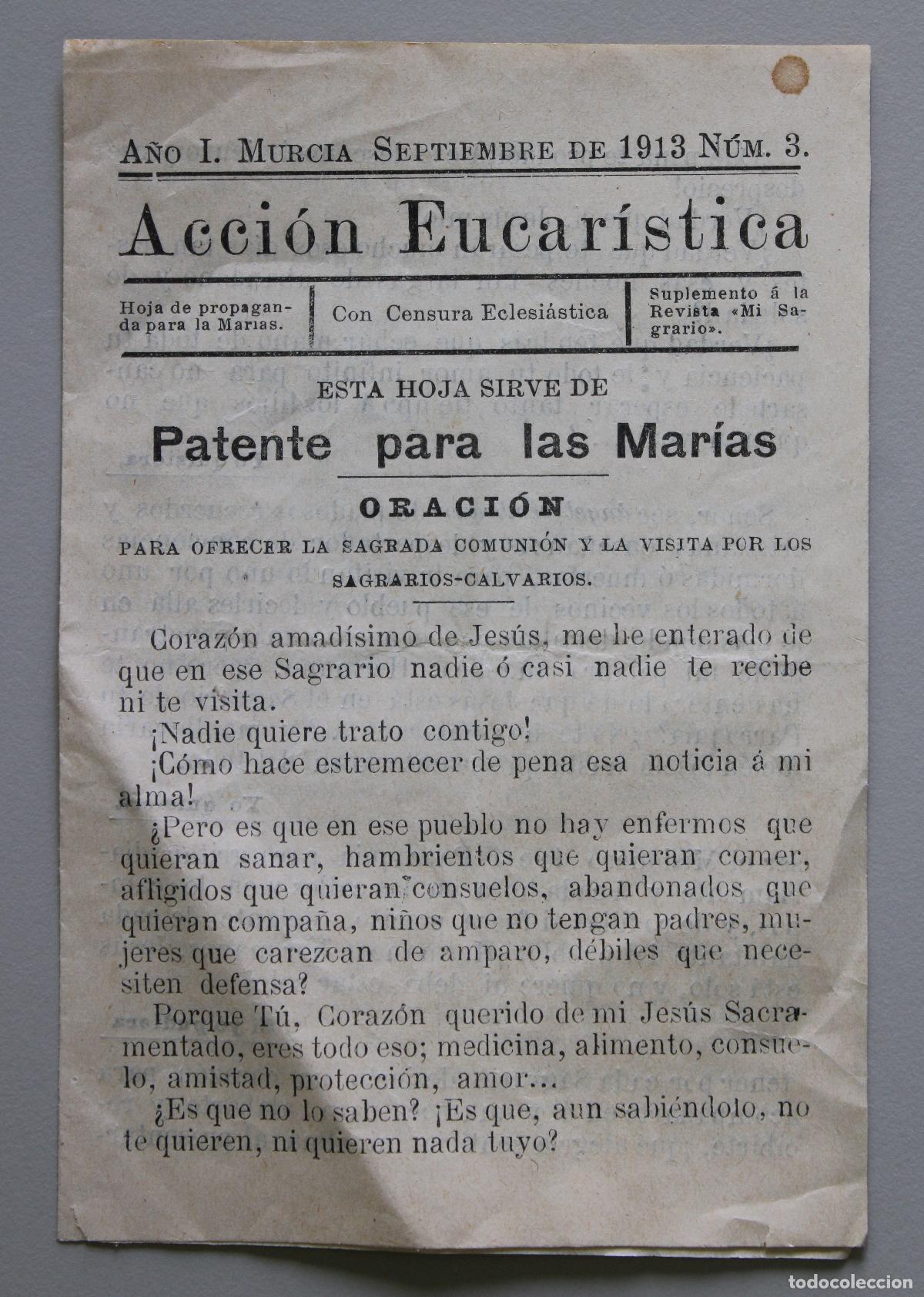 Otros Art&iacute;culos de Coleccionismo en Papel: Folleto. D&iacute;ptico. Acci&oacute;n Eucar&iacute;stica. Murcia, 1913.