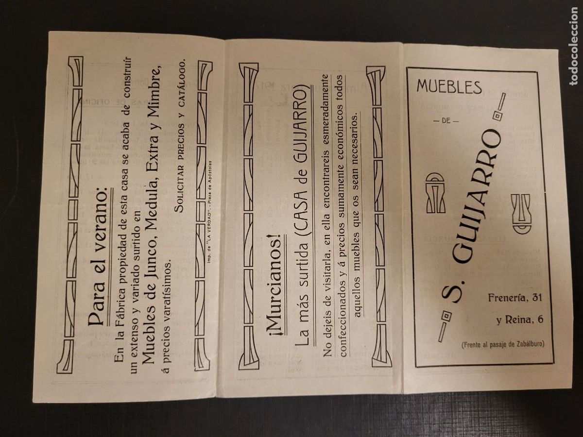 Outros artigos de papel: ANTIGUA PUBLICIDAD MUEBLES GUIJARRO MURCIA 1917