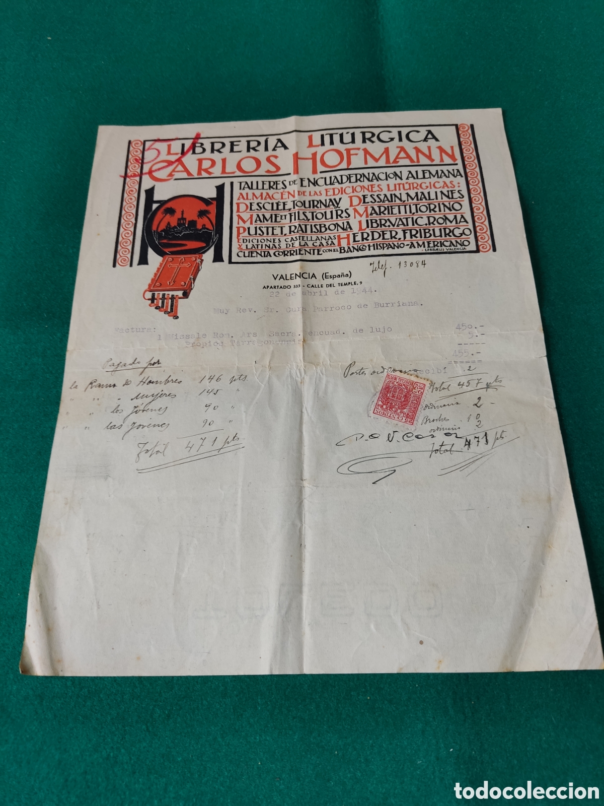Otros Art&iacute;culos de Coleccionismo en Papel: Factura antigua Valencia 1944 al cura p&aacute;rroco de Burriana por la compra de un Misal