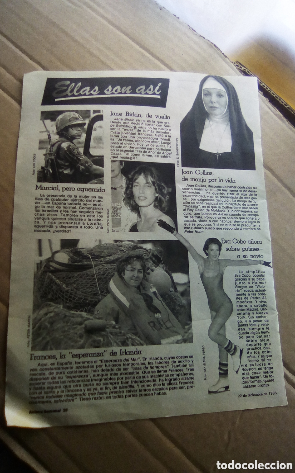 Otros art&iacute;culos de coleccionismo en papel: Recorte revista Antena Semanal, 22-12-85. Fotos: Jane Birkin. Joan Collins. Eva Cobo. Ballantine's.