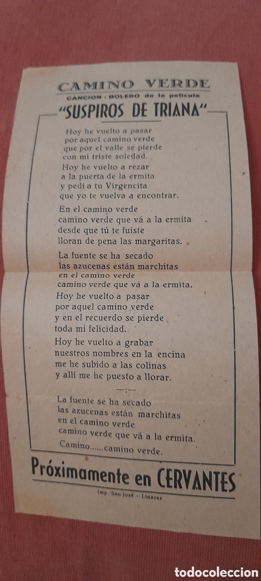 Otros art&iacute;culos de coleccionismo en papel: Anuncio de la pel&iacute;cula Suspiros de Triana en Cine Cervantes