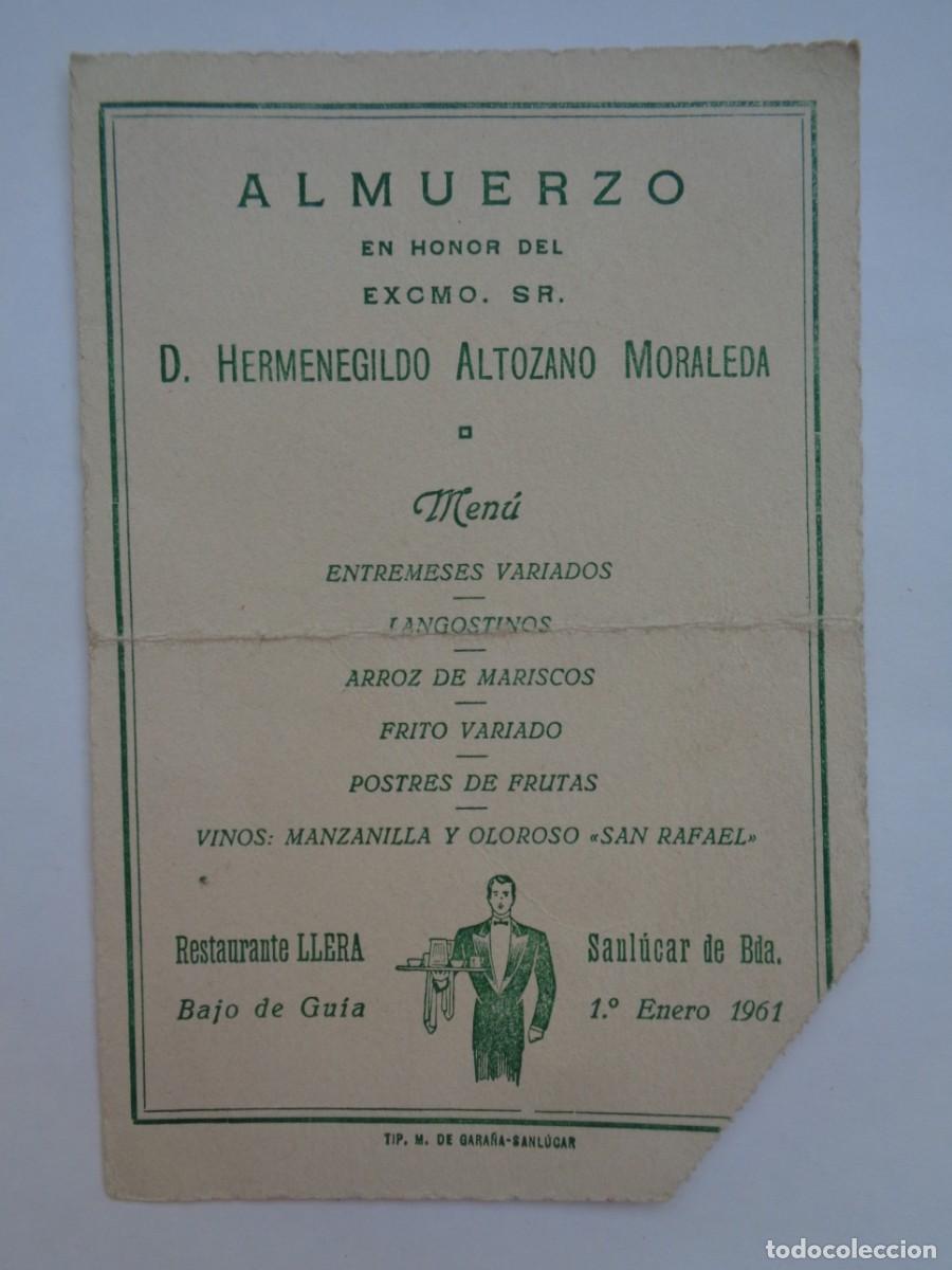 Otros art&iacute;culos de coleccionismo en papel: ALMUERZO EN HONOR DE D. HERMENEGILDO ALTOZANO MORALEDA , SANLUCAR BARRAMEDA 1961 : MENU