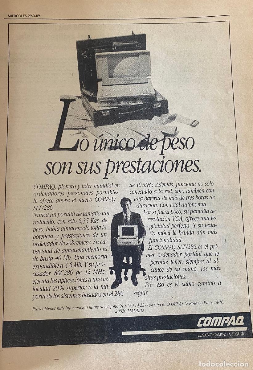 Altri oggetti di carta: Publicidad de ordenadores Compaq. P&aacute;gina de peri&oacute;dico del a&ntilde;o 1989. Tama&ntilde;o folio. Enmarcable.
