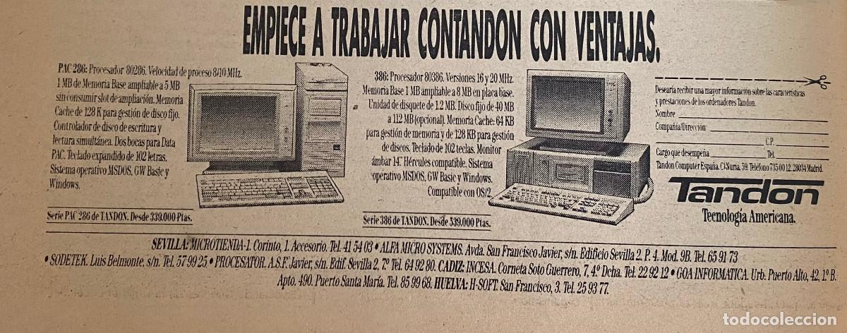 Altri oggetti di carta: Publicidad de ordenadores Tandon. Recorte de peri&oacute;dico del a&ntilde;o 1989. 9 x 22 cm. Enmarcable.