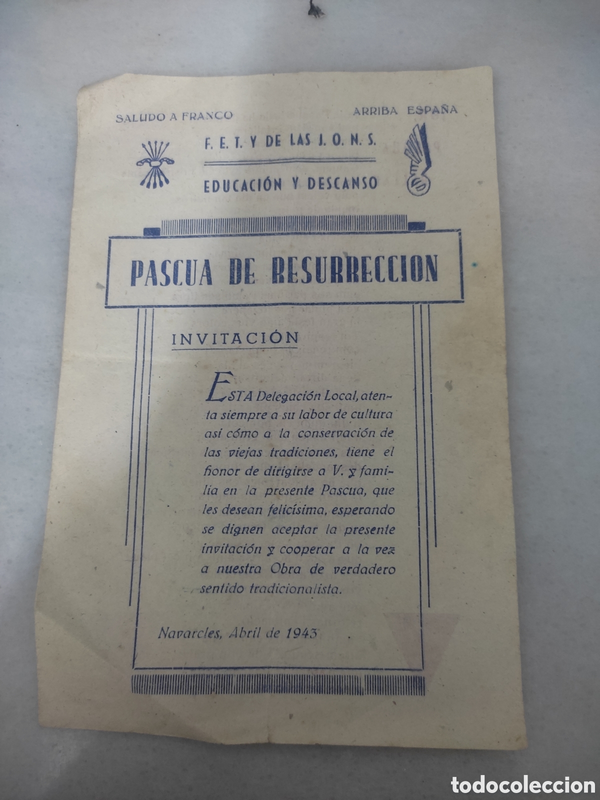 Otros art&iacute;culos de coleccionismo en papel: F.e.t. y de las jons educaci&oacute;n y descanso pascua de resurreccion navarcles 1943