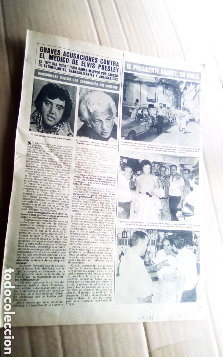 Otros Art&iacute;culos de Coleccionismo en Papel: Hoja revista Hola 29-09-1979. Graves acusaciones contra el m&eacute;dico de Elvis Presley, Suarez. Kiraz.