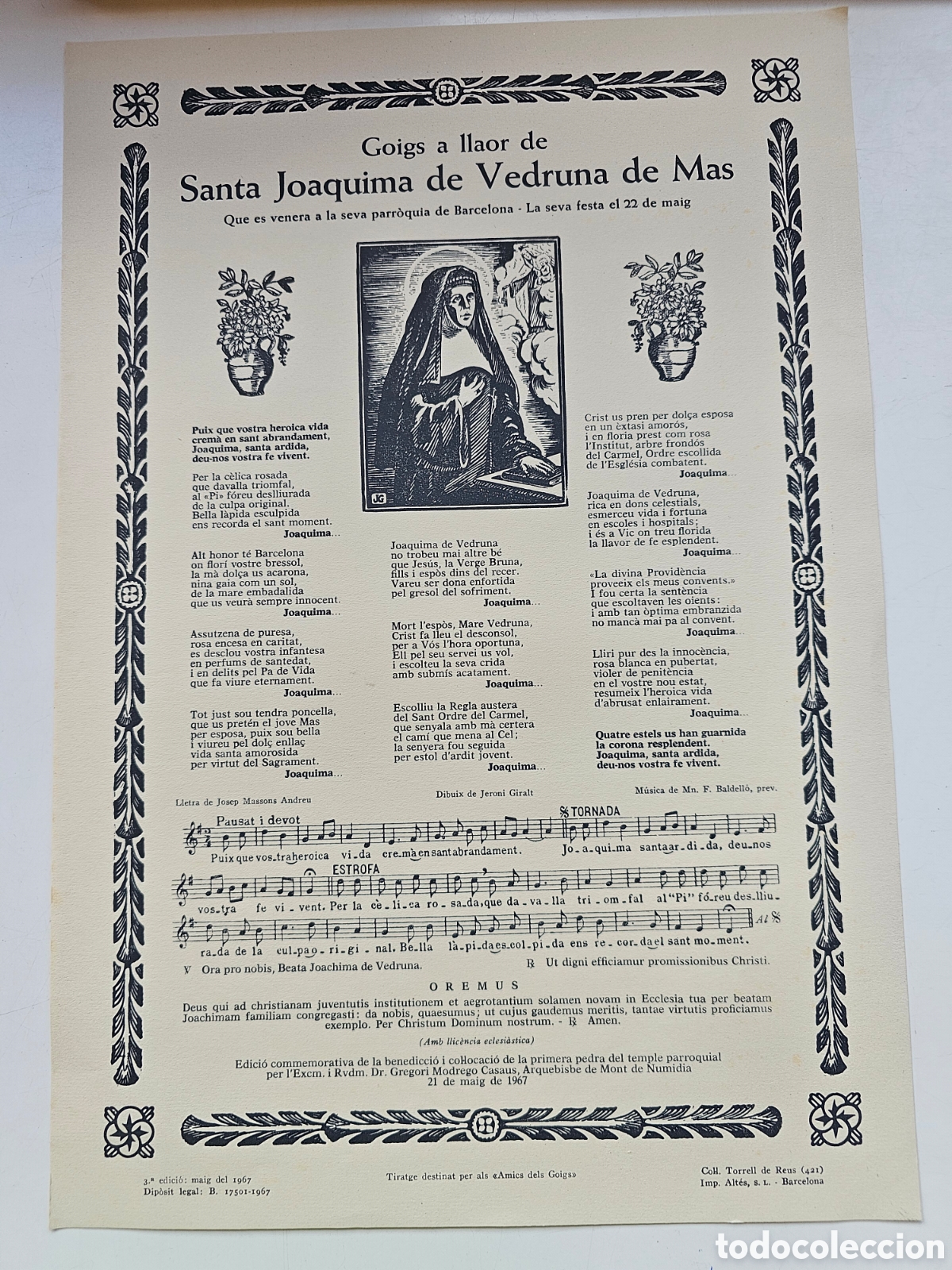 Sammelleidenschaft Andere Papierartikel: Goigs Gozos a Santa Joaquima Vedruna de mas 1967 Barcelona