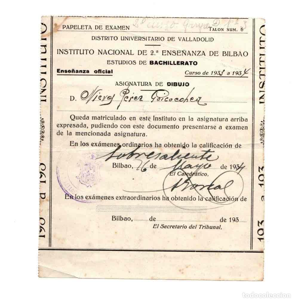 Otros Art&iacute;culos de Coleccionismo en Papel: PAPELETA DE EXAMEN INSTITUTO NACIONAL 2&ordf; ENSE&Ntilde;ANZA DE BILBAO. A&Ntilde;O 1934