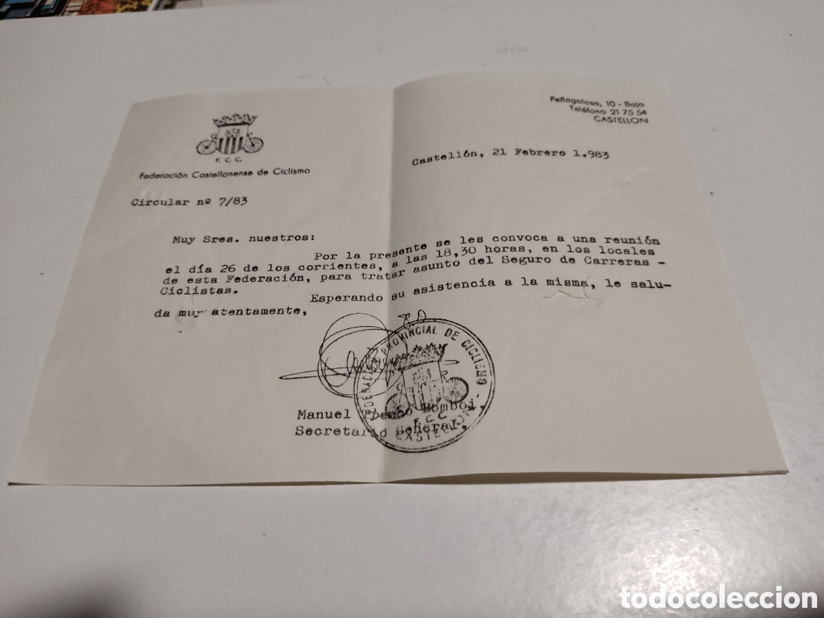 Otros Art&iacute;culos de Coleccionismo en Papel: Convocatoria reuni&oacute;n, federaci&oacute;n castellonense de ciclismo 1983