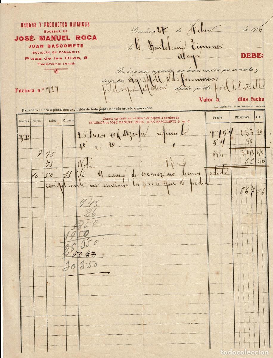 Otros Art&iacute;culos de Coleccionismo en Papel: FACTURA SUCESOR DE JOS&Eacute; MANUEL ROCA. BARCELONA. A&Ntilde;O 1915
