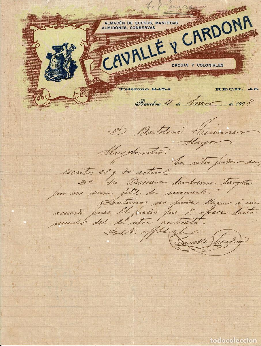 Otros Art&iacute;culos de Coleccionismo en Papel: ANTIGUA CARTA COMERCIAL. CAVALL&Eacute; Y CARDONA. BARCELONA. A&Ntilde;O 1908. (F00305)