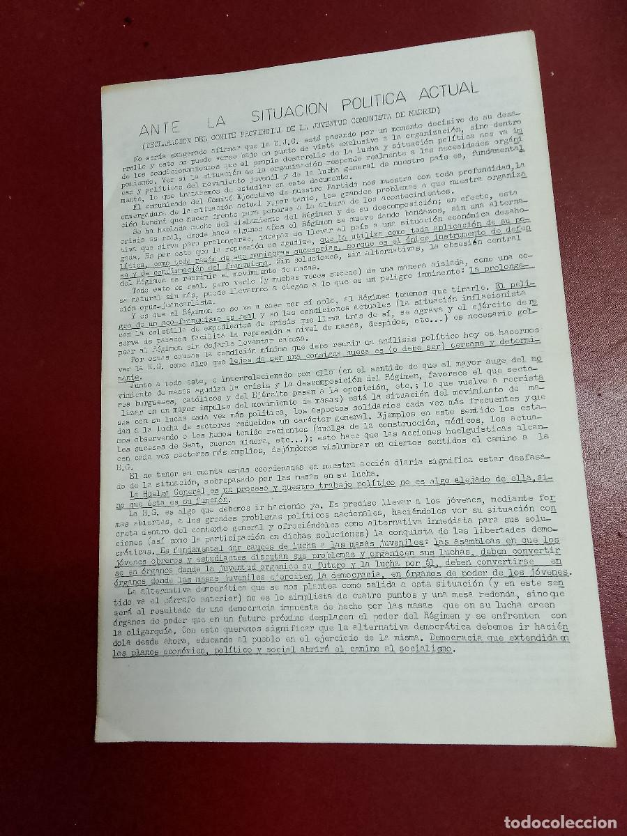 Collectionnisme Papier divers: Ante la situaci&oacute;n pol&iacute;tica actual. Declaraci&oacute;n del Comit&eacute; Provincial de la Juventud Comunista de Mad