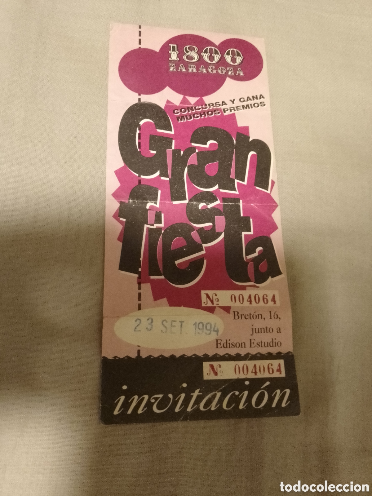 Otros Art&iacute;culos de Coleccionismo en Papel: INVITACI&Oacute;N DISCOTECA 1800 ZARAGOZA 1994