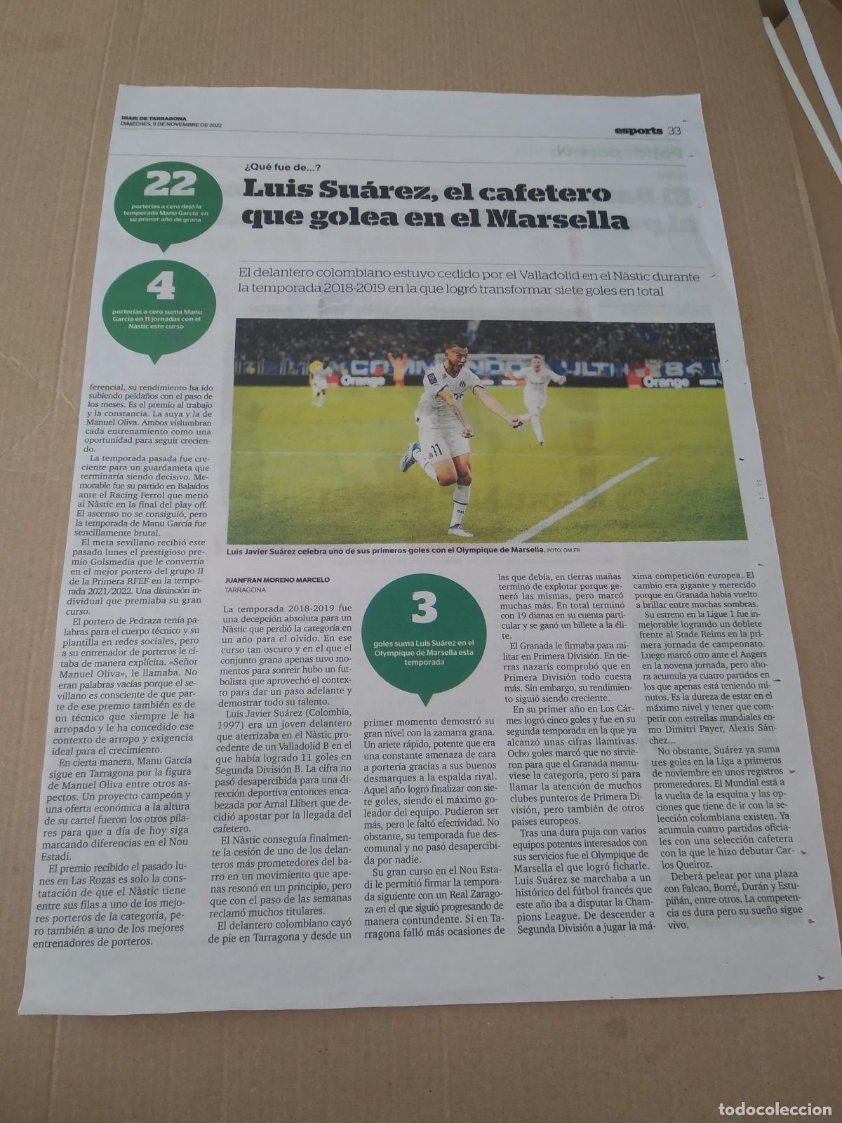 Otros art&iacute;culos de coleccionismo en papel: HOJA PERIODICO DIARI DE TARRAGONA LUIS SUAREZ OLYMPIQUE MARSELLA LEWANDOWSKI DE JONG GLOBETROTTERS