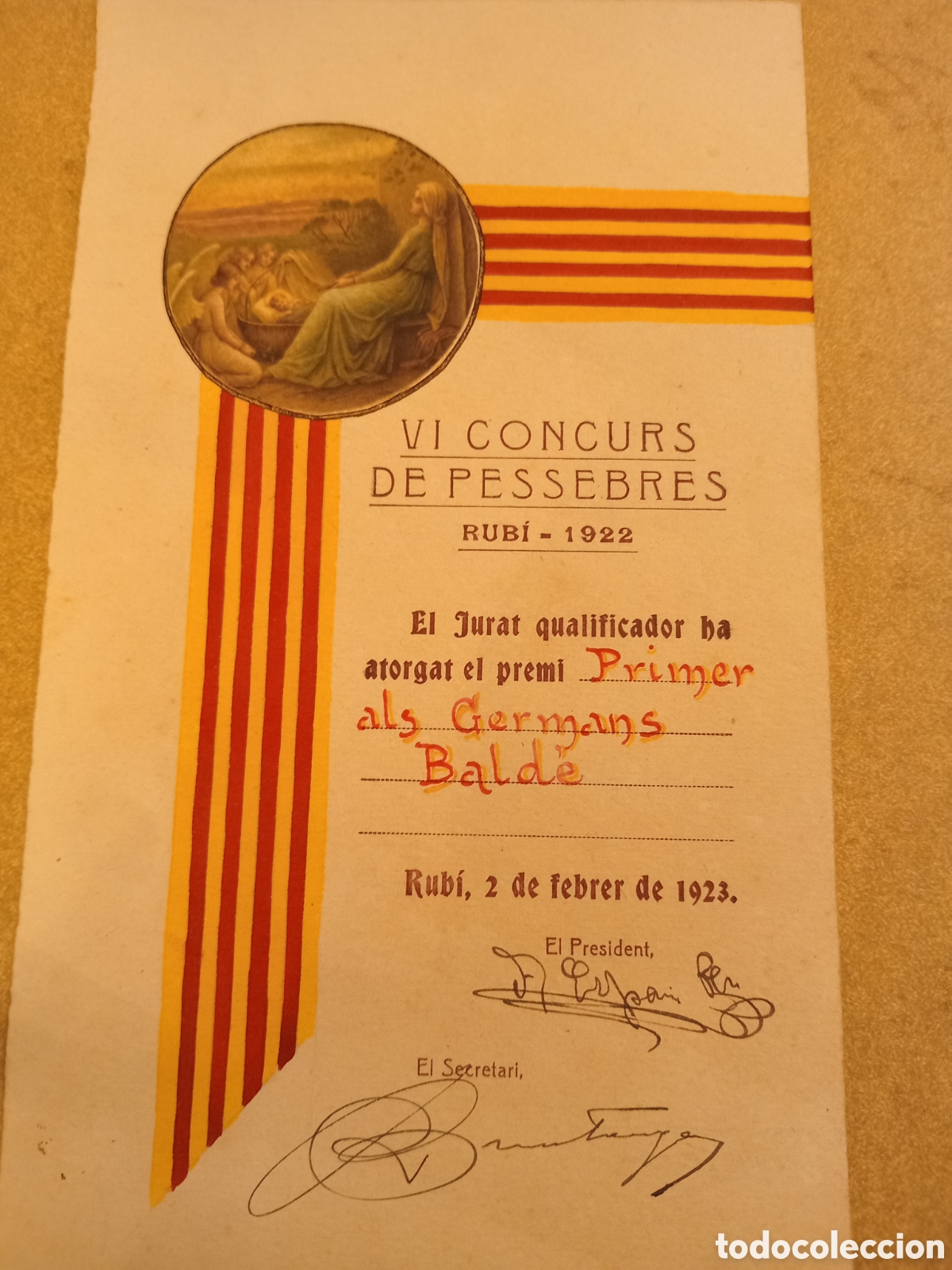 Sammelleidenschaft Andere Papierartikel: PRIMER PREMIO VI CONCURS DE PESSEBRES, RUBI, 1923