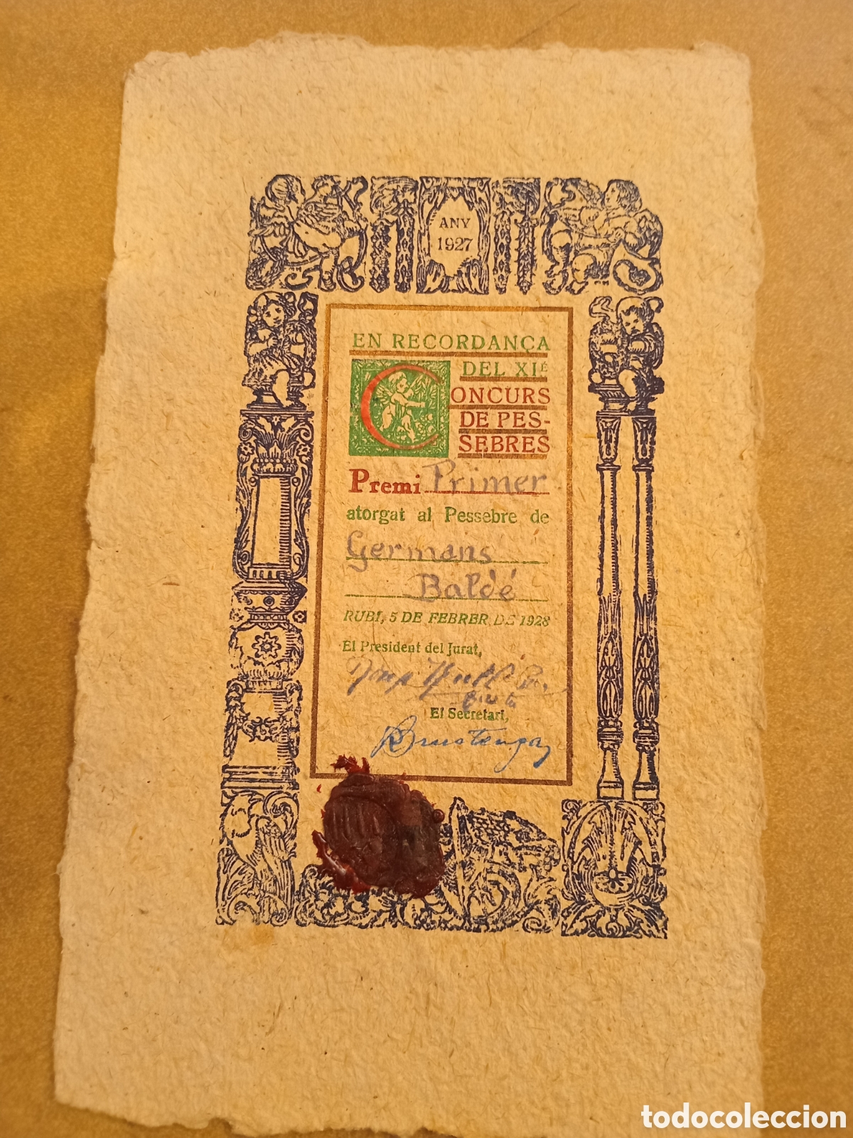 Sammelleidenschaft Andere Papierartikel: PRIMER PREMIO XI CONCURS DE PESSEBRES, RUBI, 1928