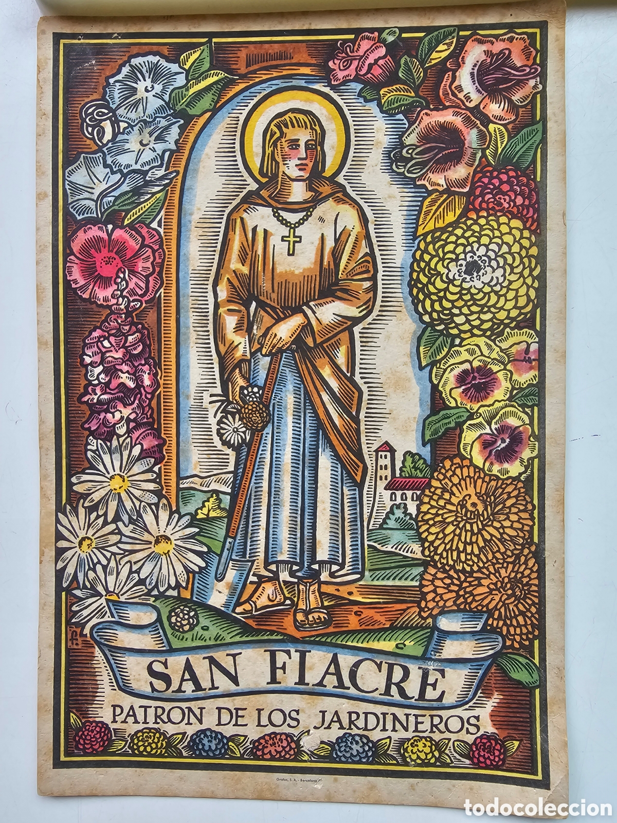 Otros Art&iacute;culos de Coleccionismo en Papel: Grabado a color de San Fiacre, Patr&oacute;n de los Jardineros