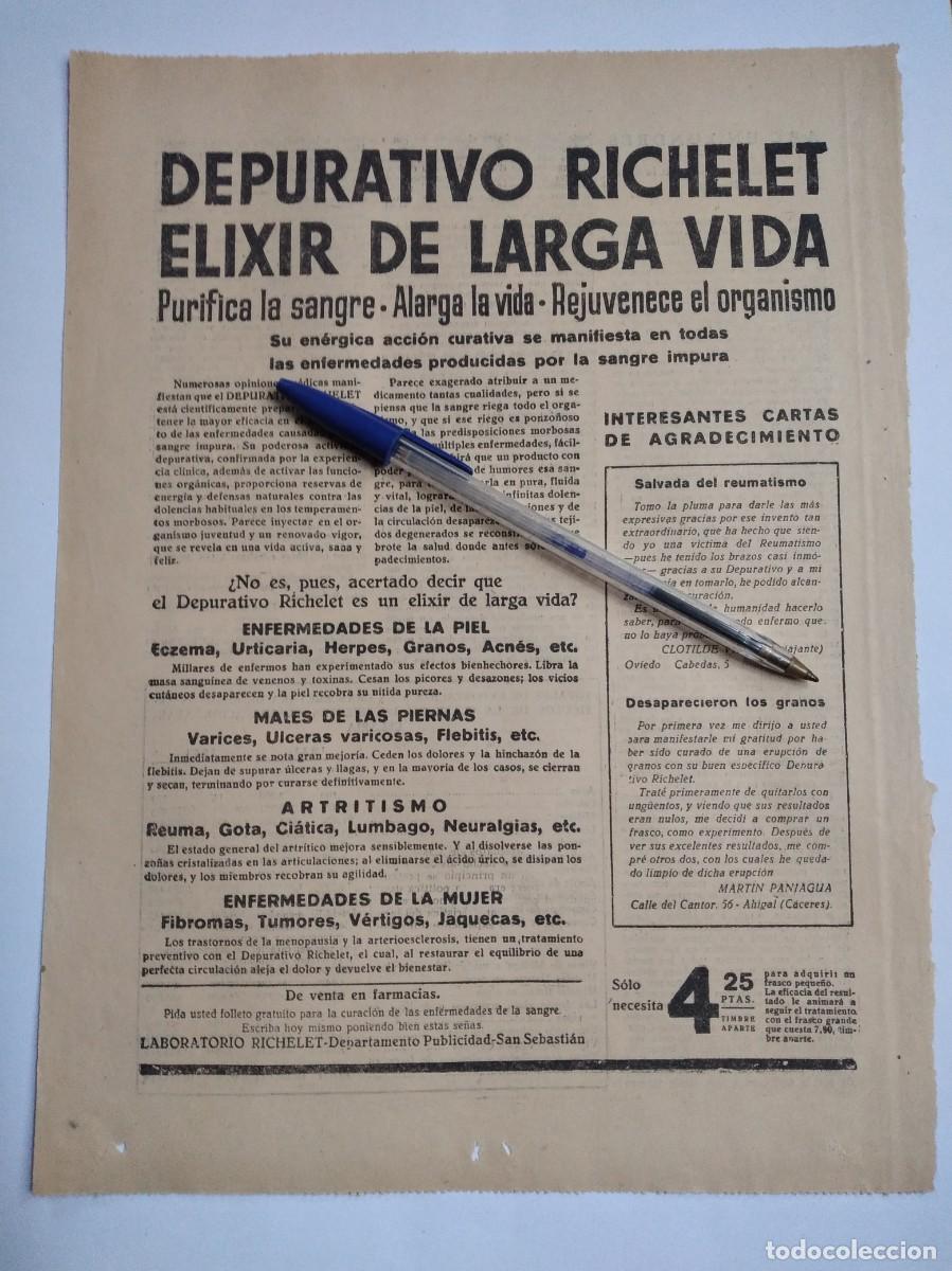 Collectionnisme Papier divers: DEPURATIVO RICHELET ELIXIR DE LARGA VIDA PURIFICA LA SANGRE HOJA PERI&Oacute;DICO A&Ntilde;O 1935 PUBLICIDAD