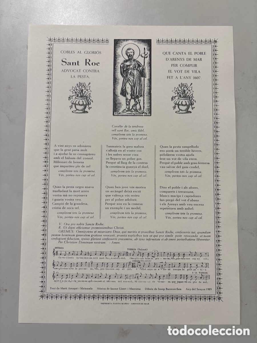 Otros Art&iacute;culos de Coleccionismo en Papel: COBLES AL GLORIOS SANT ROC ADVOCAT CONTRA LA PESTA QUE CANTA EL POBLE DE ARENYS DE MAR