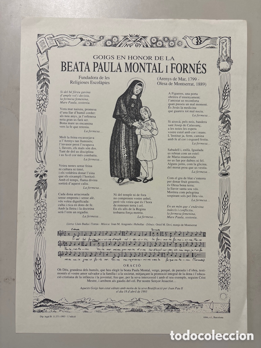 Otros Art&iacute;culos de Coleccionismo en Papel: GOIGS EN HONOR DE LA BEATA PAULA MONTAL I FORNES. FUNDADORA DE LES RELIGIOSES ESCOLAPIES. ARENYS DE