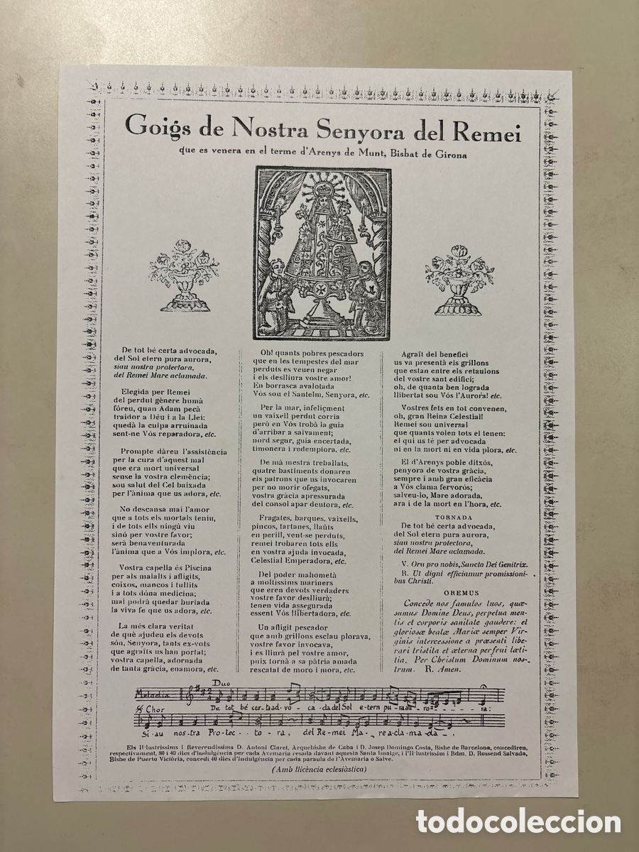 Otros art&iacute;culos de coleccionismo en papel: GOIGS DE NOSTRA SENYORA DEL REMEI. TERME D&rsquo; ARENYS DE MUNT. GIRONA.